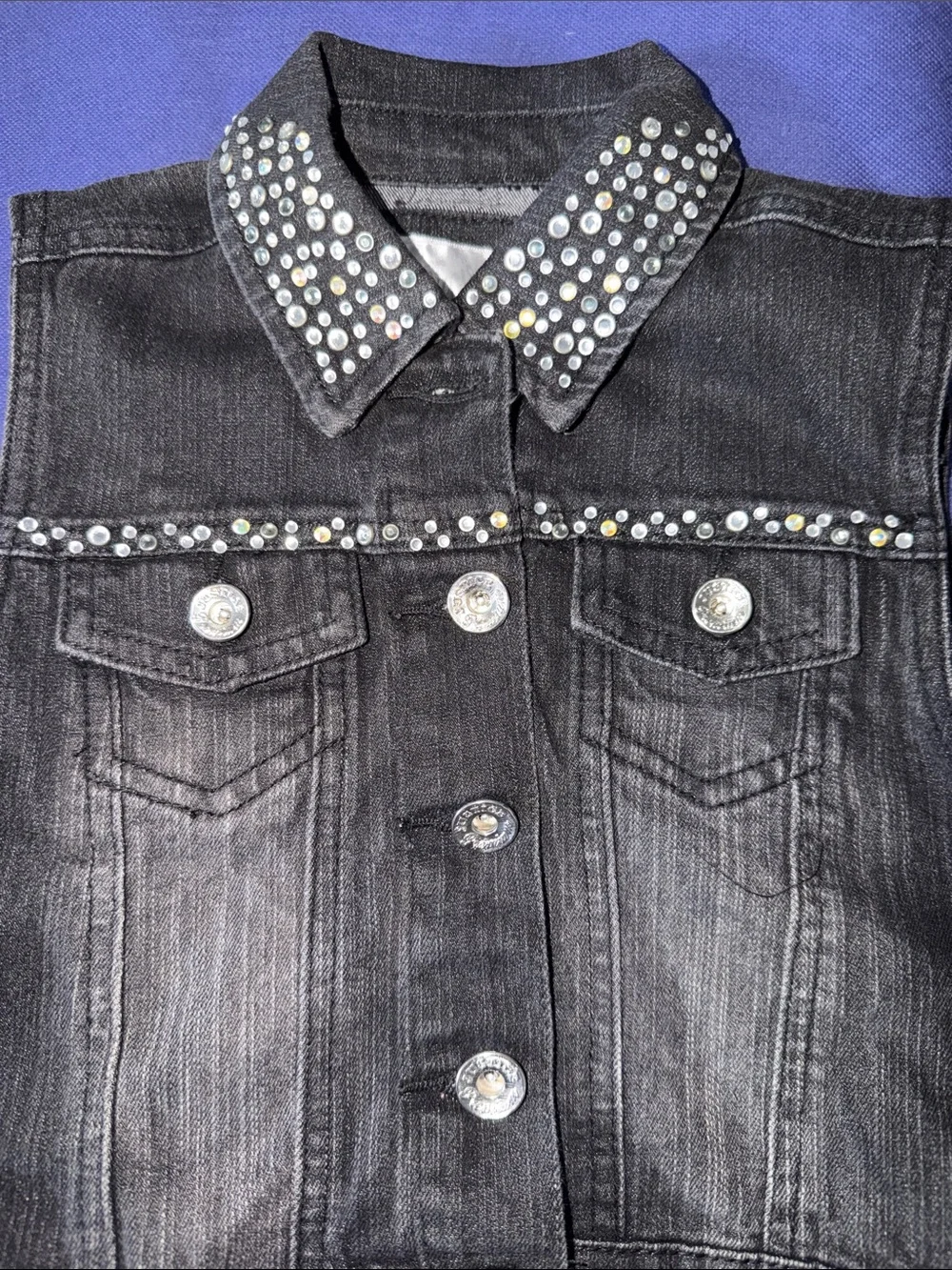 Justice Black Denim Vest with Rhinestone Collar